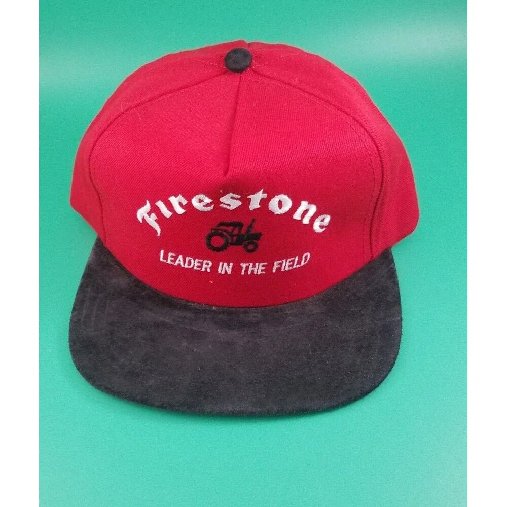 Firestone Leader in the Field Tractor  Hat Cap red Strapback made in USA Suede